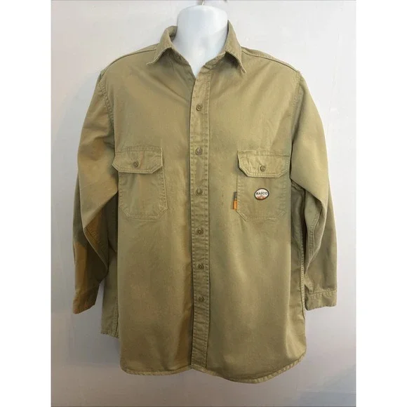 Rasco FR Flame Resistant Shirt Men XL Khaki Button Up Work Shirt Thrashed‎ - Picture 2 of 12